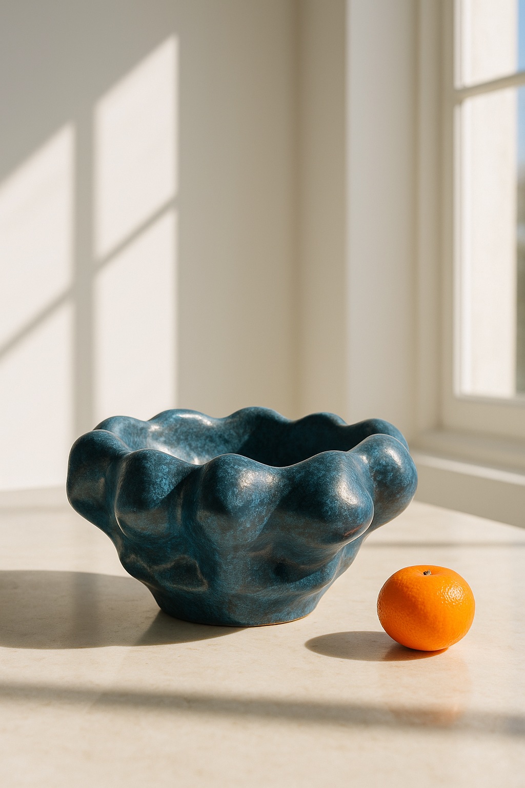 Timna coupe bowl in bright sunlight with a clementine