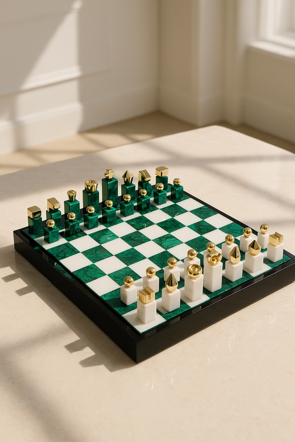 Malachite and white chess set in bright sunlight