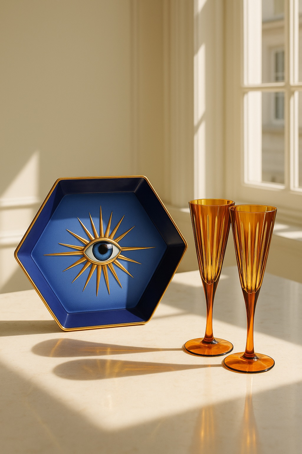 Lito hexagon tray and two amber Prism flutes in bright sunlight